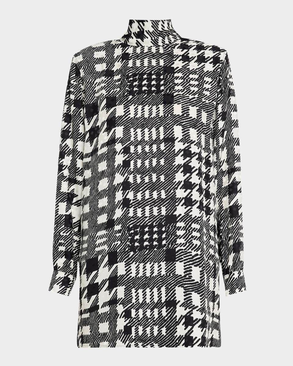 Peggys Houndstooth Silk Long-Sleeve Blouse